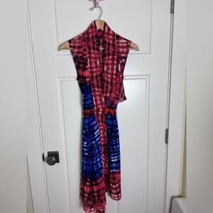 BCBG Elegant Red and Blue Tie-Dye Dress